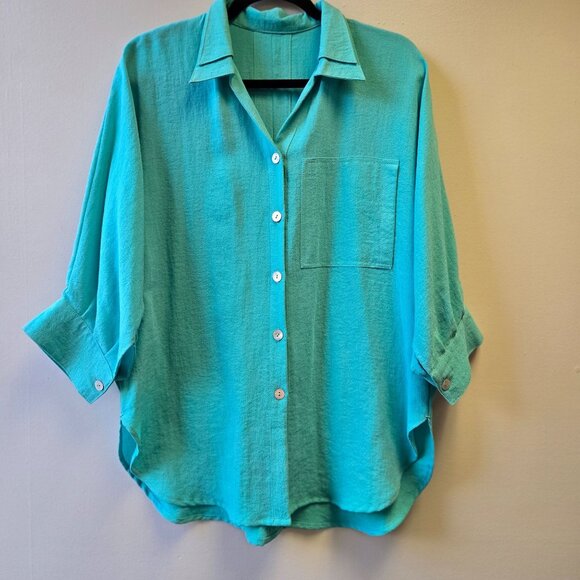 Fridaze Turquoise Linen Button-Up Shirt M Lagenlook Minimalist Casual - Picture 1 of 9